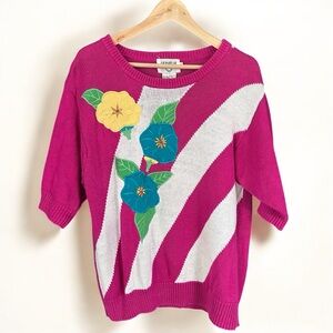 Pink and White Short Sleeve Sweater with Floral Design